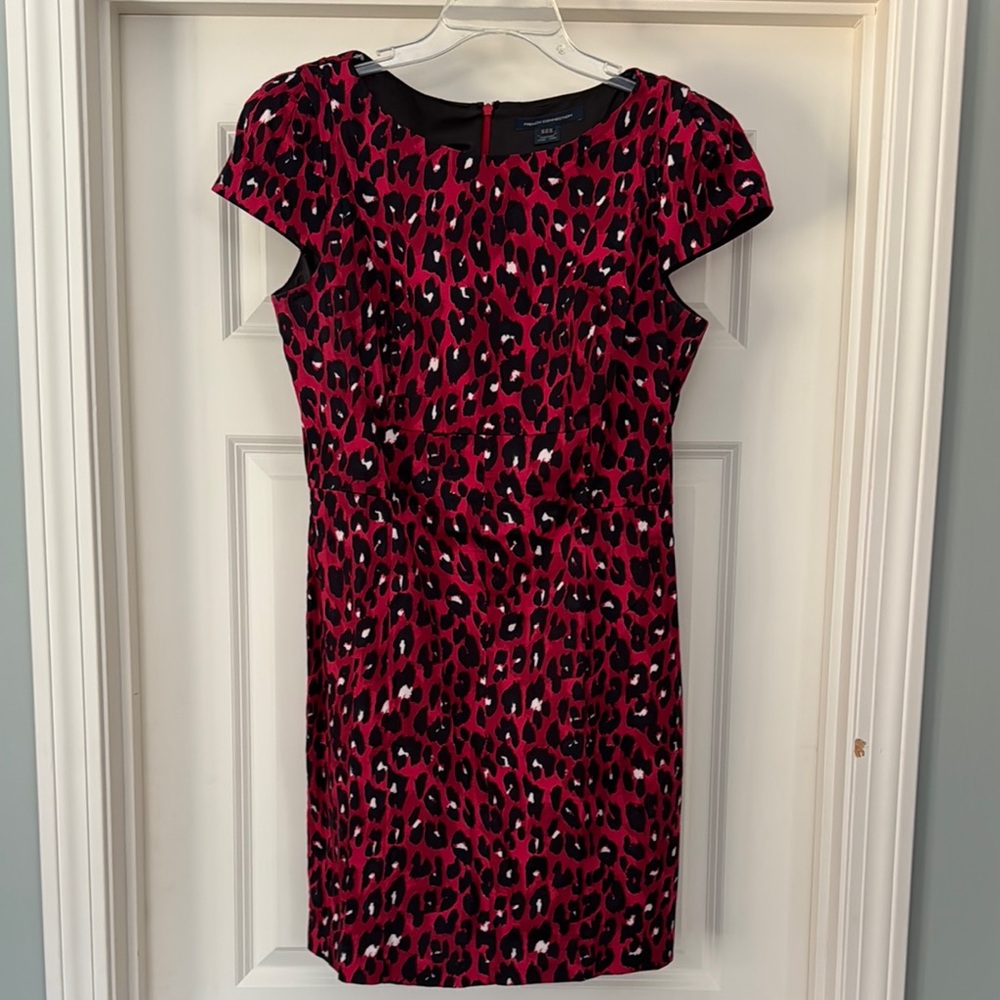 French Connection Red & Black Sheath Leopard Dress Size 12 Valentine’s Day